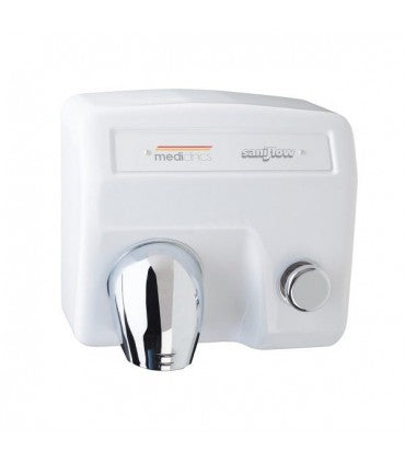 E85-UL-F Push Button Hand Dryer with Fixed Nozzle, White Porcelain-Enameled Cast Iron Finish, 15/64" (6 mm) Cover Thickness, 5800 r.p.m., 149 CFM Effective Airflow, 62 mph Air Velocity