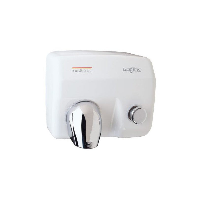 E88-UL Push Button Operated Hand Dryer, Steel One-Piece Cover with White Enamelled Coating Finish, 1/16" (1.5 mm) Thick Steel Cover, 5800 r.p.m., 62 mph Air Velocity, 29 Sec. Drying Time