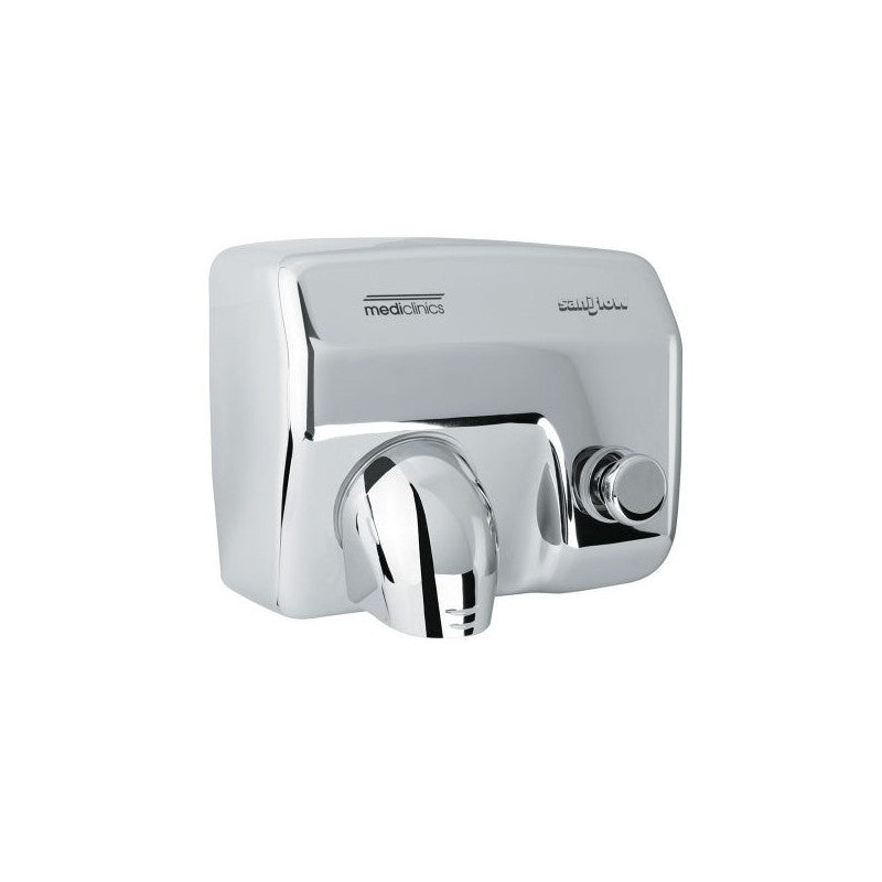 E88C-UL Push Button Operated Hand Dryer, Steel One-Piece Cover with Steel Bright Finish, 1/16" (1.5 mm) Thick Steel Cover, 5800 r.p.m., 62 mph Air Velocity, 29 Sec. Drying Time