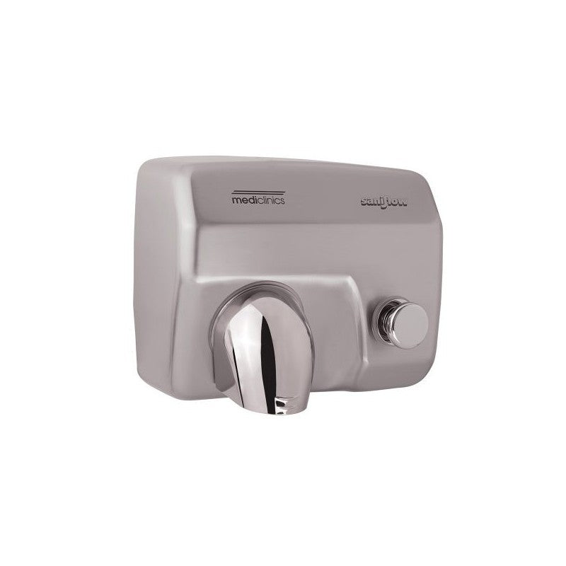 E88CS-UL Push Button Operated Hand Dryer, Steel One-Piece Cover with Steel Satin Finish, 1/16" (1.5 mm) Thick Steel Cover, 5800 r.p.m., 62 mph Air Velocity, 29 Sec. Drying Time